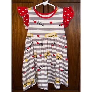 Penelope Plumm Girls Back to School Dress Grey Striped School Bus Heart Size 3